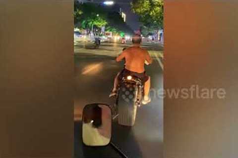 Elderly man spotted riding motorcycle fitted with car tyres