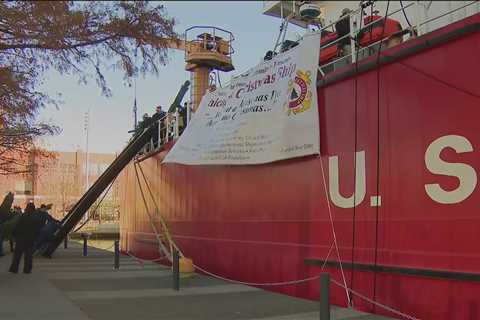 Christmas tree ship at Navy Pier unloading, delivering thousands of trees