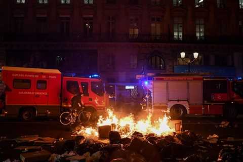 Protests, demonstrations, and trash burning at night in Paris in opposition to Macron’s approved..