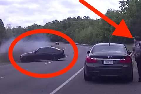 YIKES!!! Car Goes Flying Off The Road, Almost Kills Cop During Traffic Stop