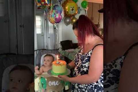 Toddler hugs his first-ever birthday cake