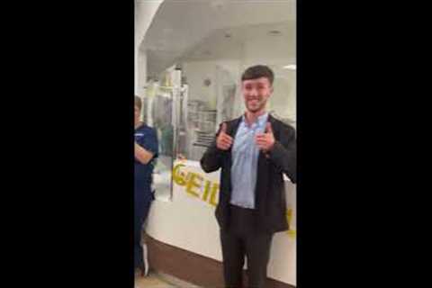 Chemo patient celebrating last treatment overwhelmed by partner's surprise arrival