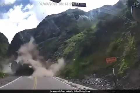 Moment When Huge Boulders Crush Moving Trucks In Peru